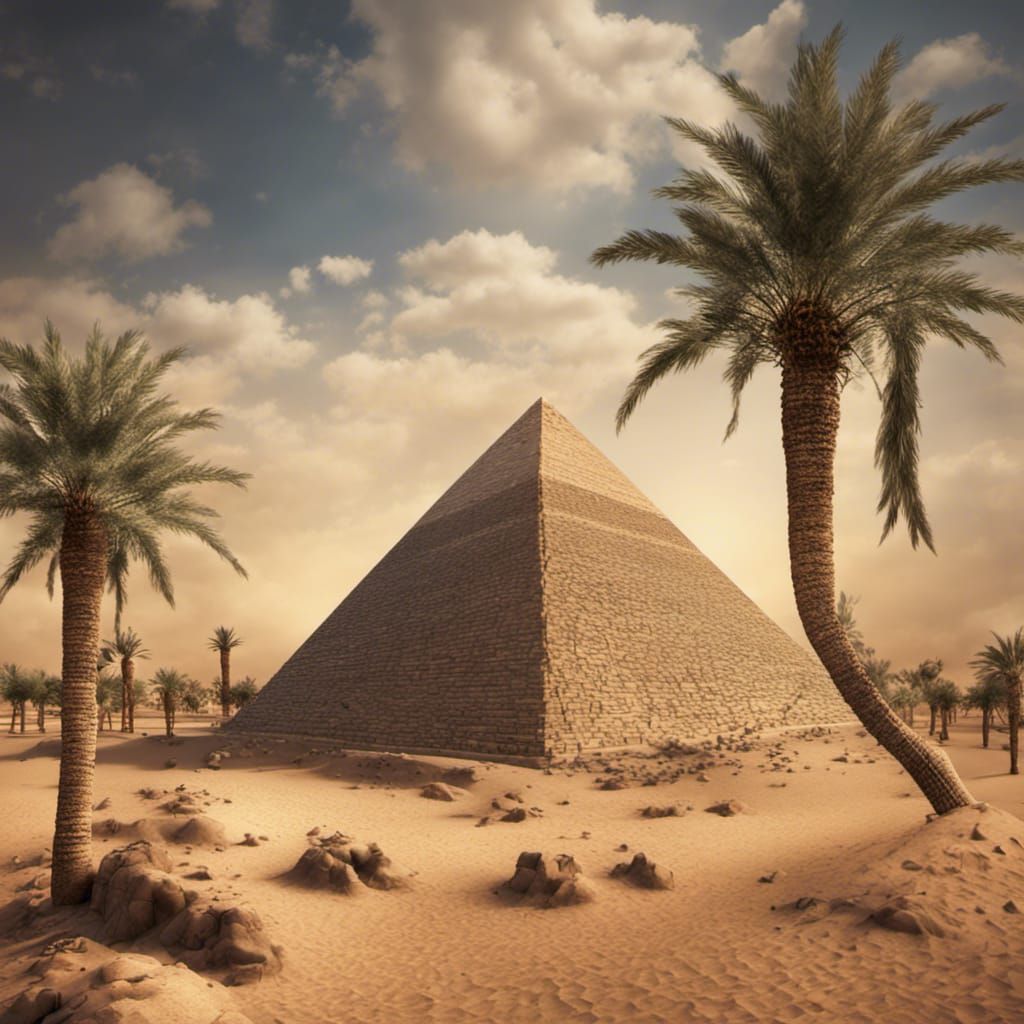 Egyptian Pyramid in Desert Oasis, Hyperrealistic Rendering