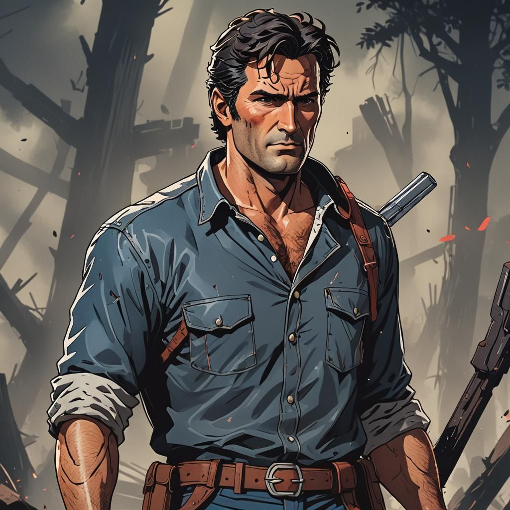 Young Ash Williams in Cel-Shaded Anime Style