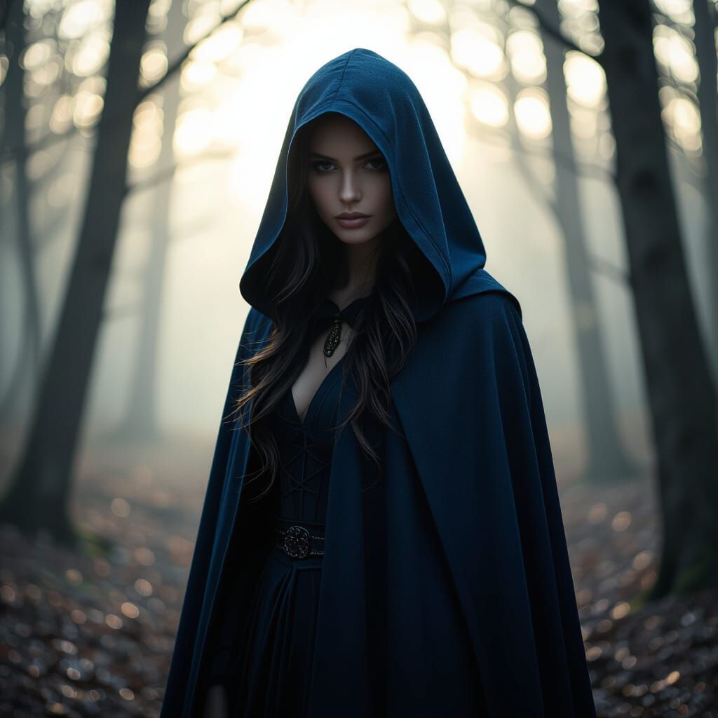 Mysterious Woman in Dark Forest, Photorealistic Style