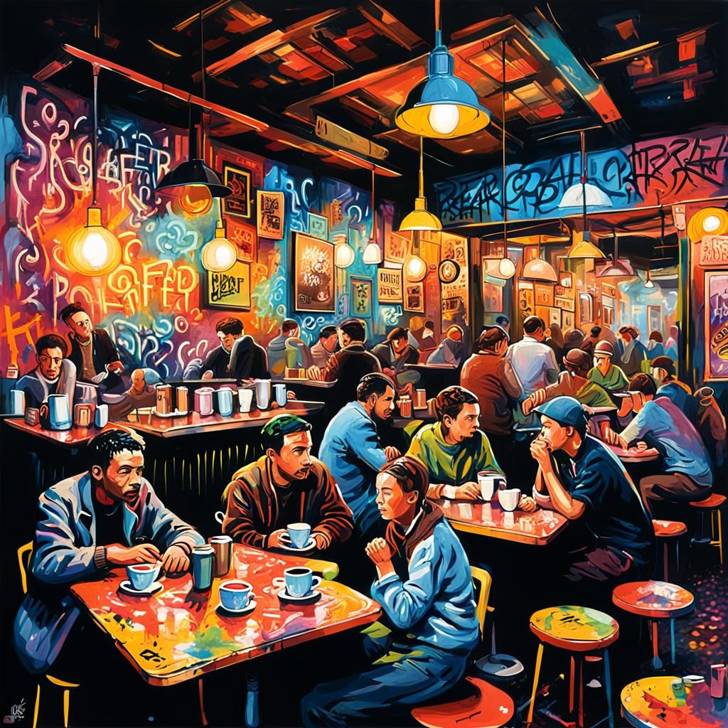 Colorful Vintage Night Cafe in Expressionist Oil Gouache