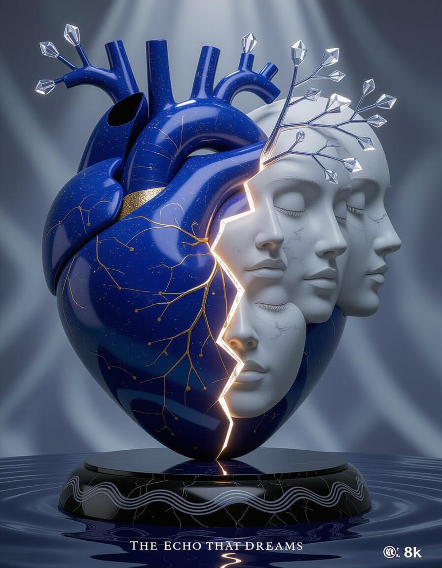 Surreal Lapis Lazuli Heart Statue with Ethereal Faces