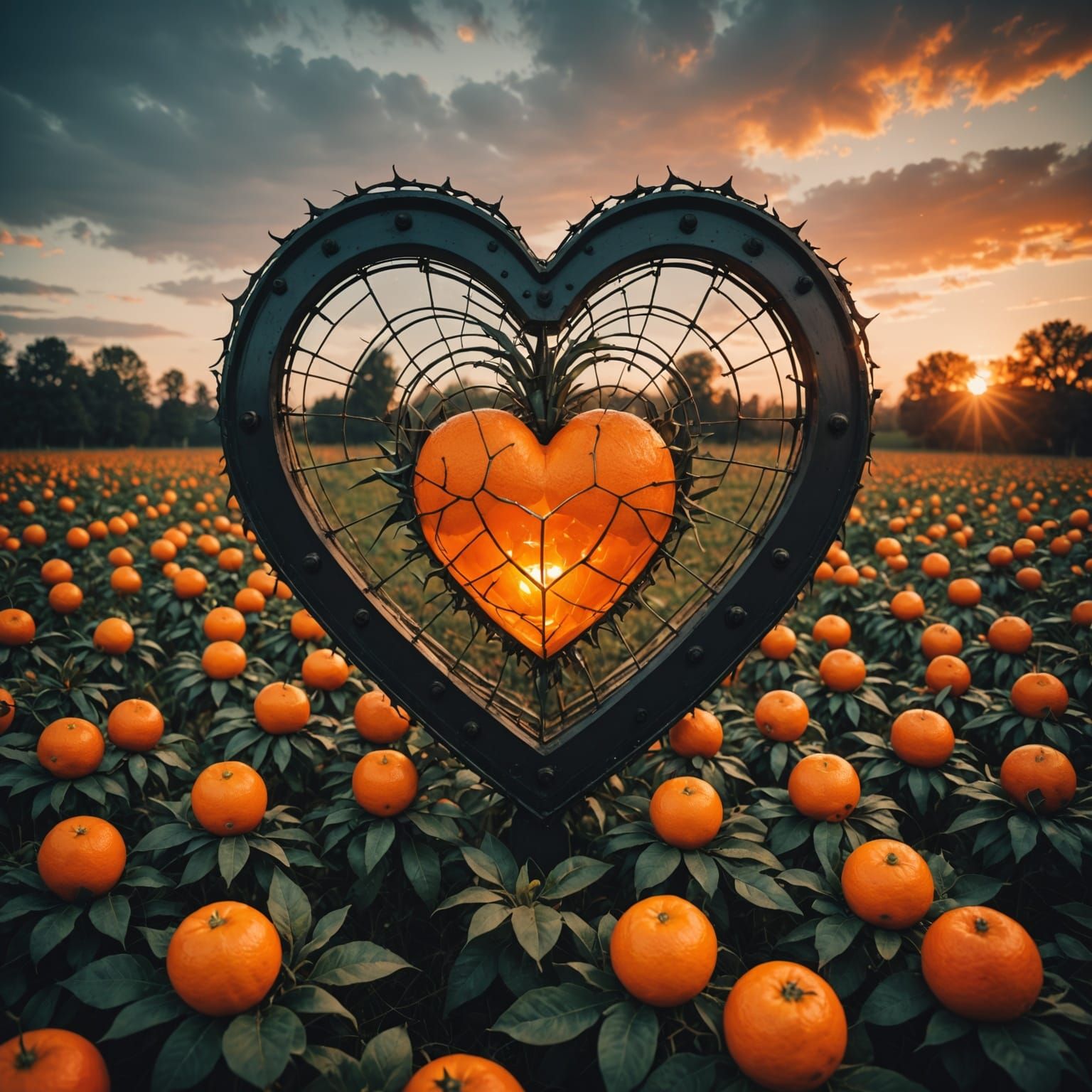 Gothic Heart Double Exposed Over Tangerine Field