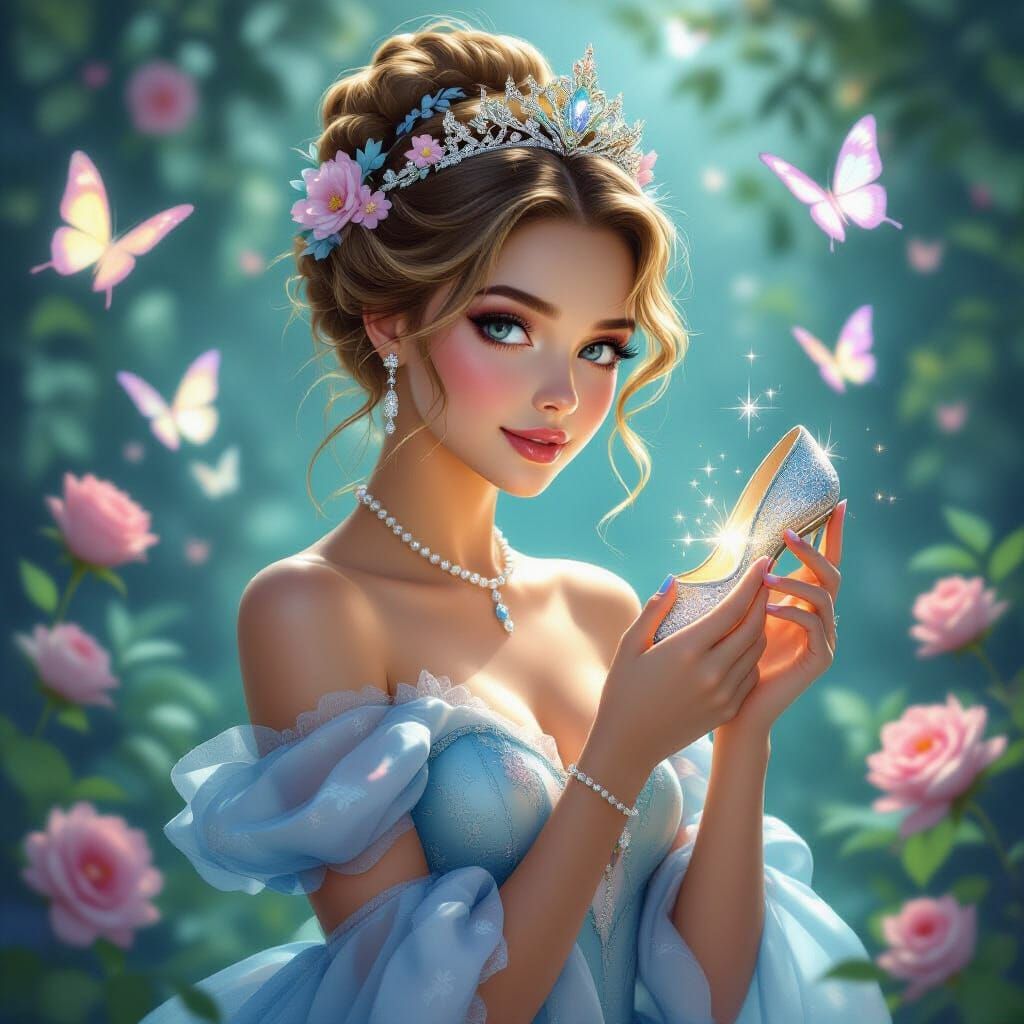 A dreamy princess with golden hair in an elegant updo, adorn...