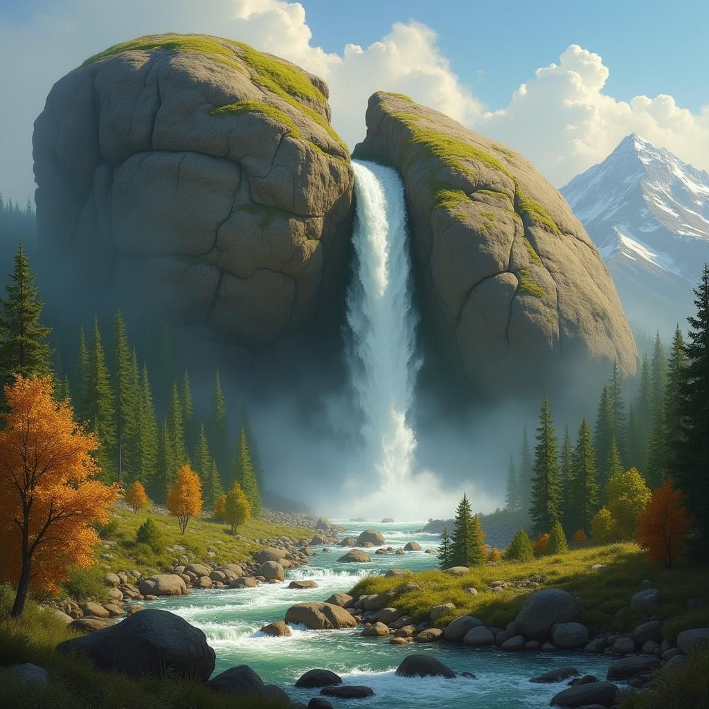 Misty Landscape with Crystalline Waterfall