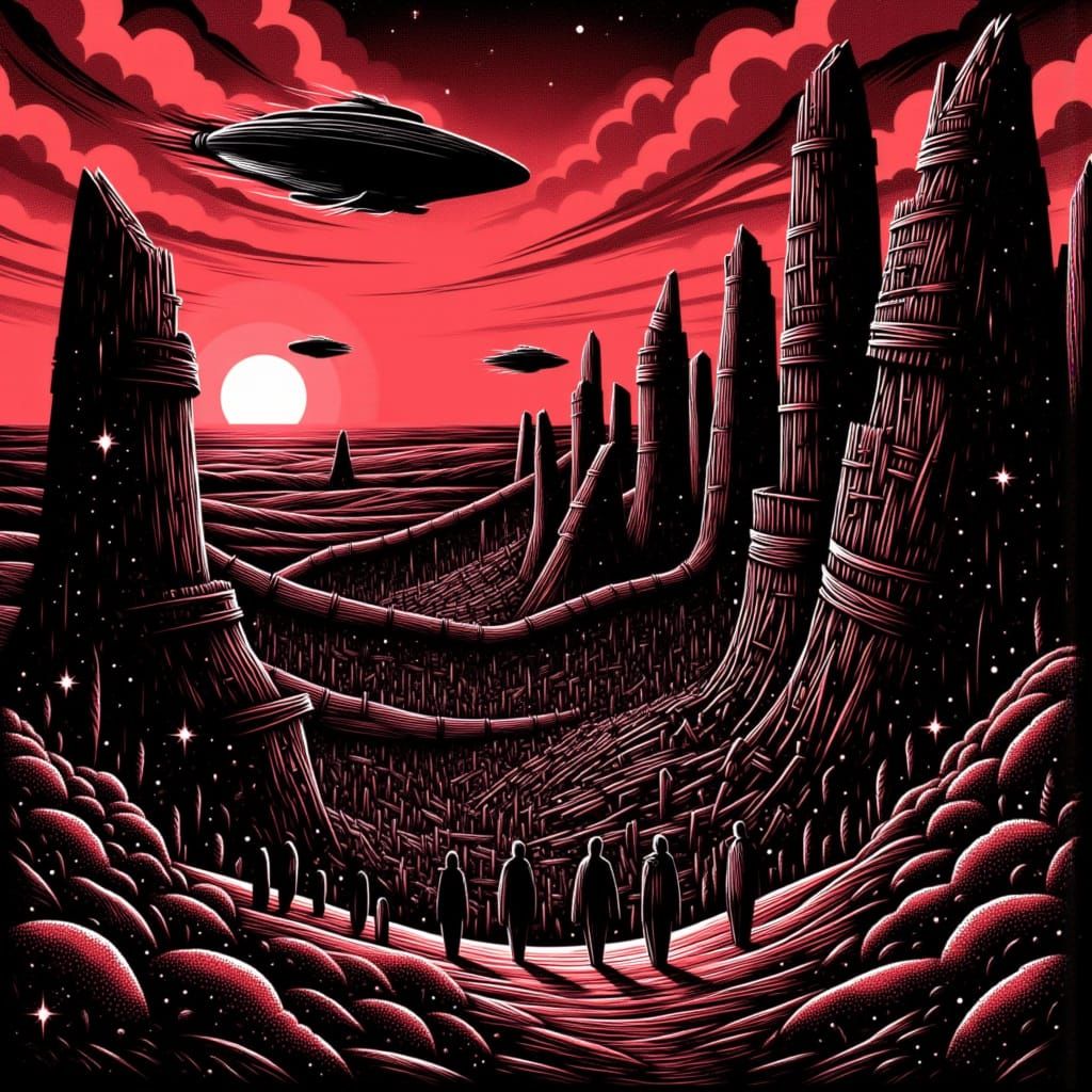 Dark Dystopian Metropolis in a Blood-Red Sky