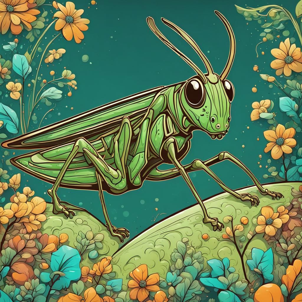 Sad Grasshopper Jumps in Magical Cartoon Garden