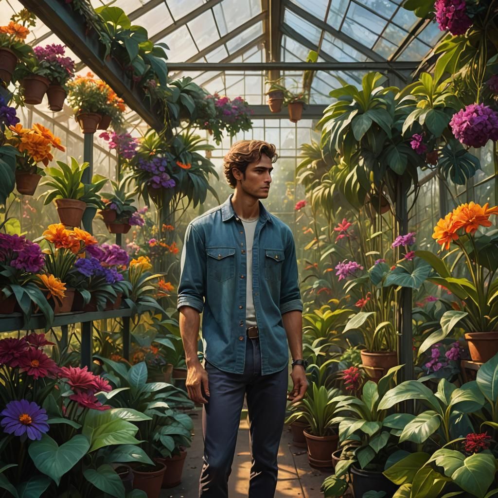 Lush Greenhouse Scene in Oil Painting Style