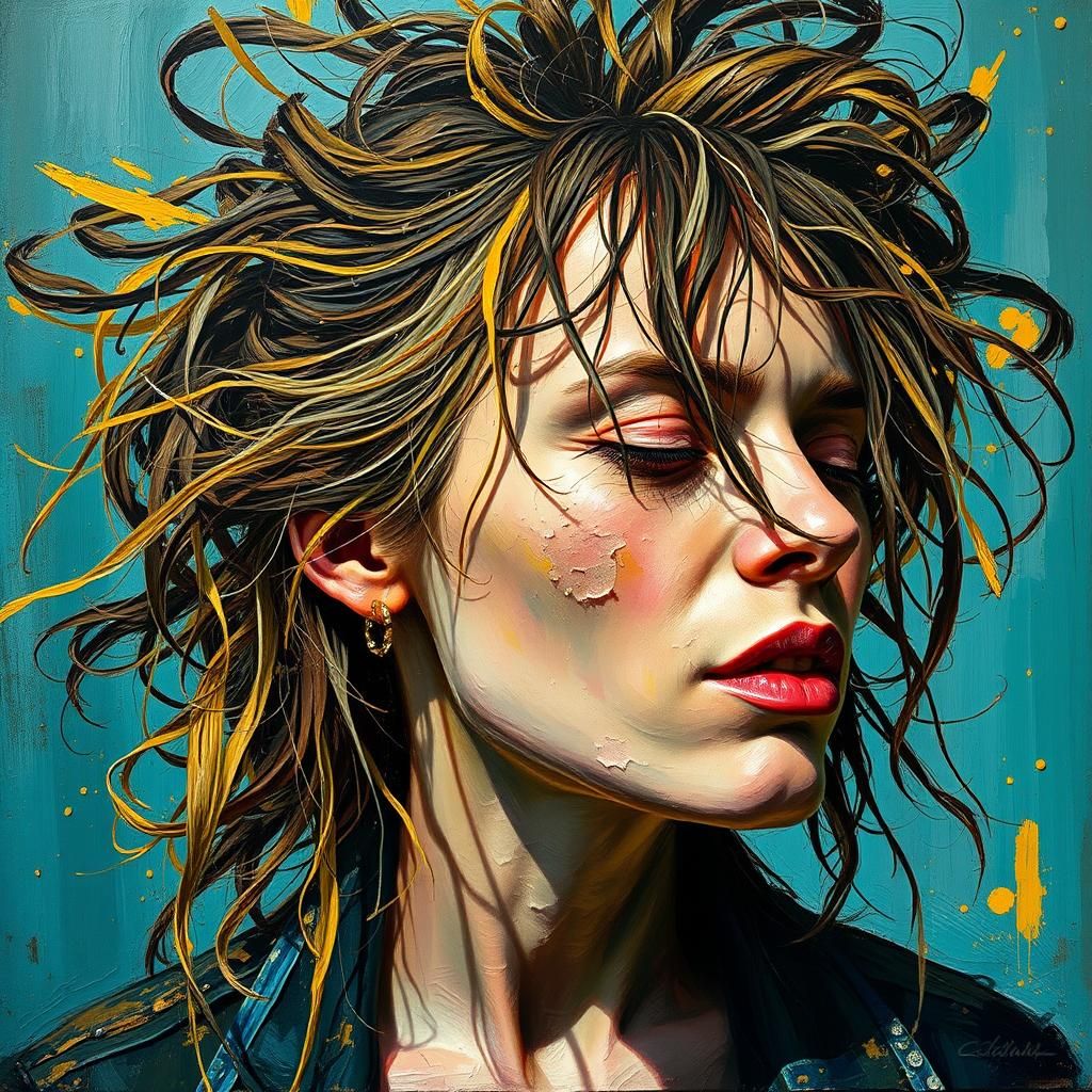 Expressive Portrait of a Dishevelled Woman: Neo-Expressionis...