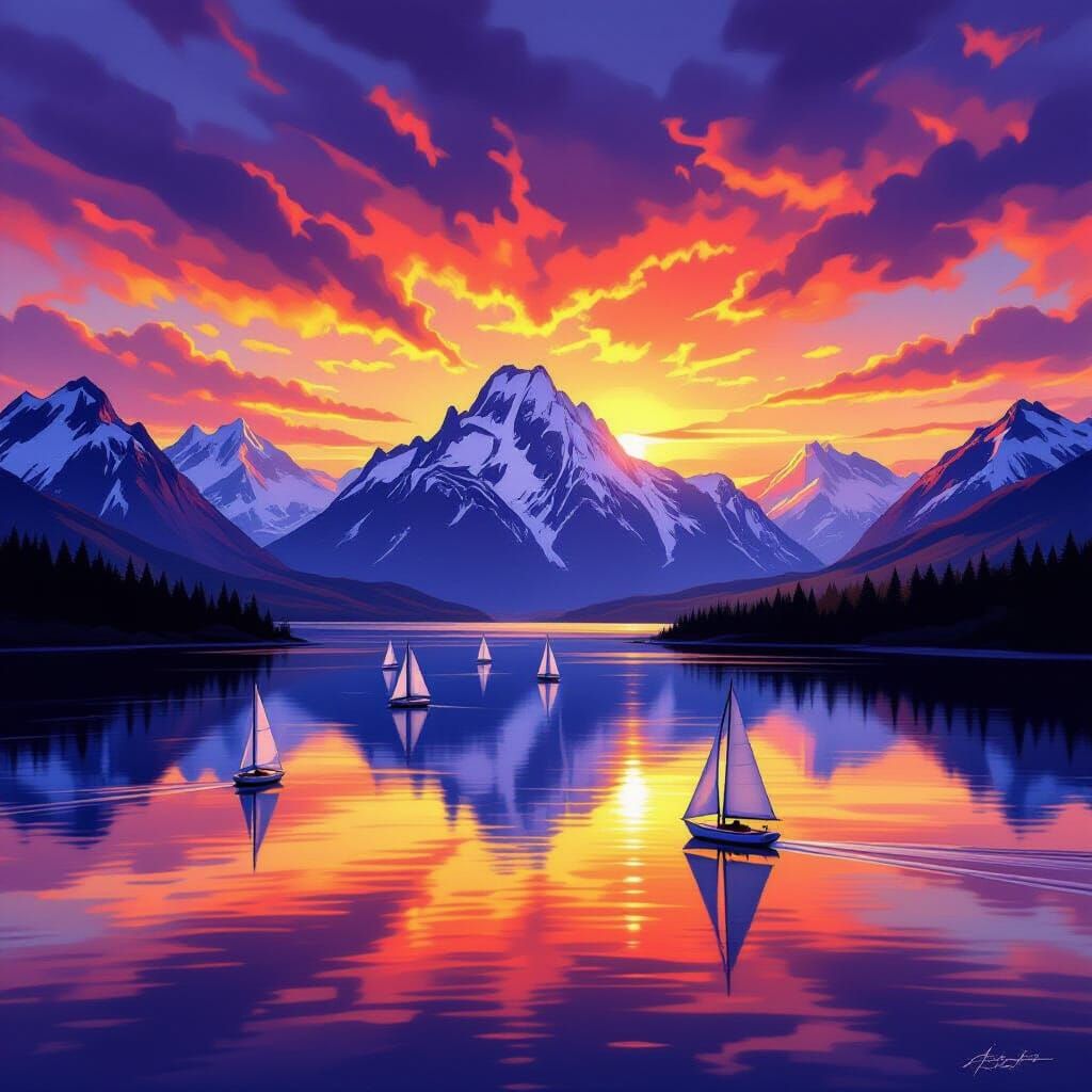 Vibrant Mountain Sunset Reflection with Sailboats