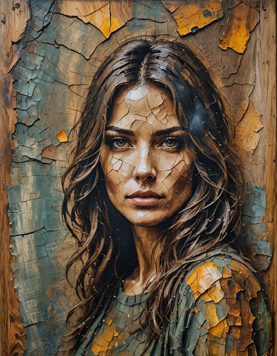 Textured Wax Painting Portrait on Cracked Wood