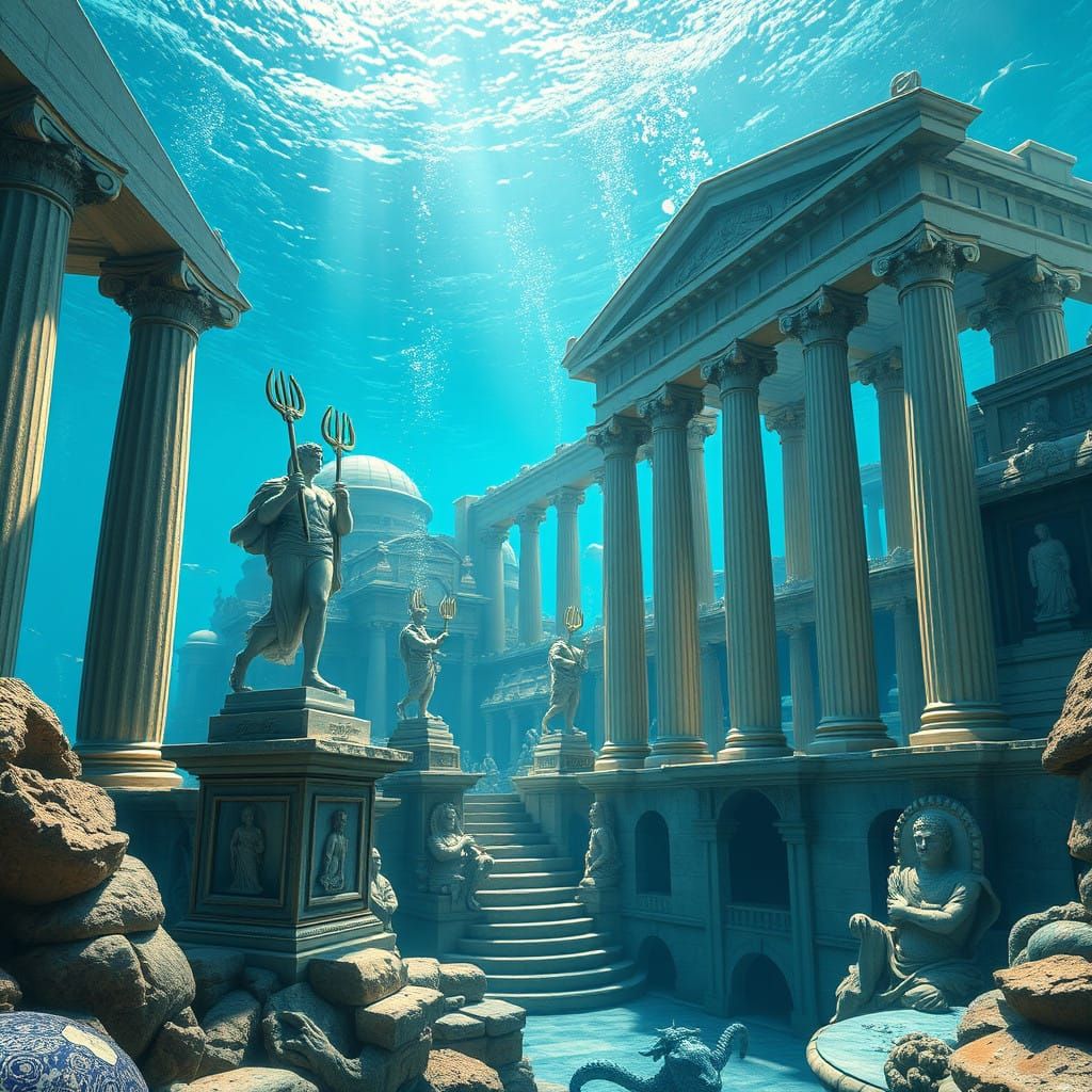 Underwater Greek Architecture Cityscape in Hyperrealistic St...