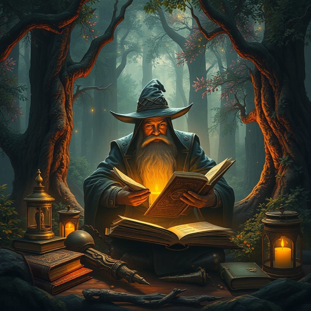 Mystical Scholar in Enchanted Forest: Fantasy Concept Art
