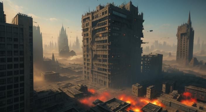 Dystopian World: Decaying Buildings at Dawn in Fiery Haze