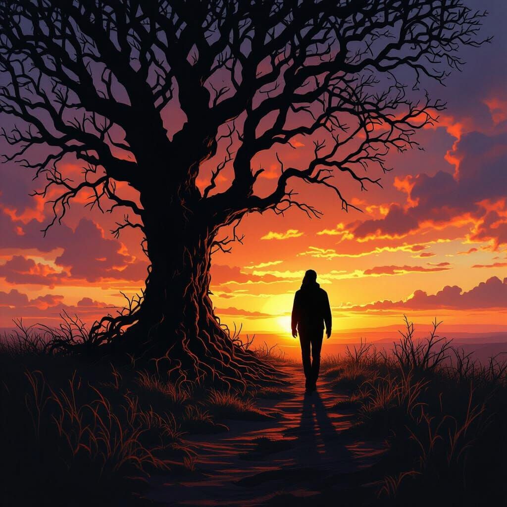 Person's Shadow Becomes Forest Against Sunset Sky
