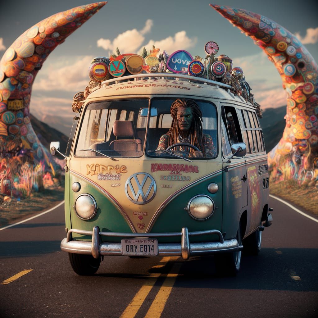 Rastafarian Alien Hipster on Psychedelic Road Trip