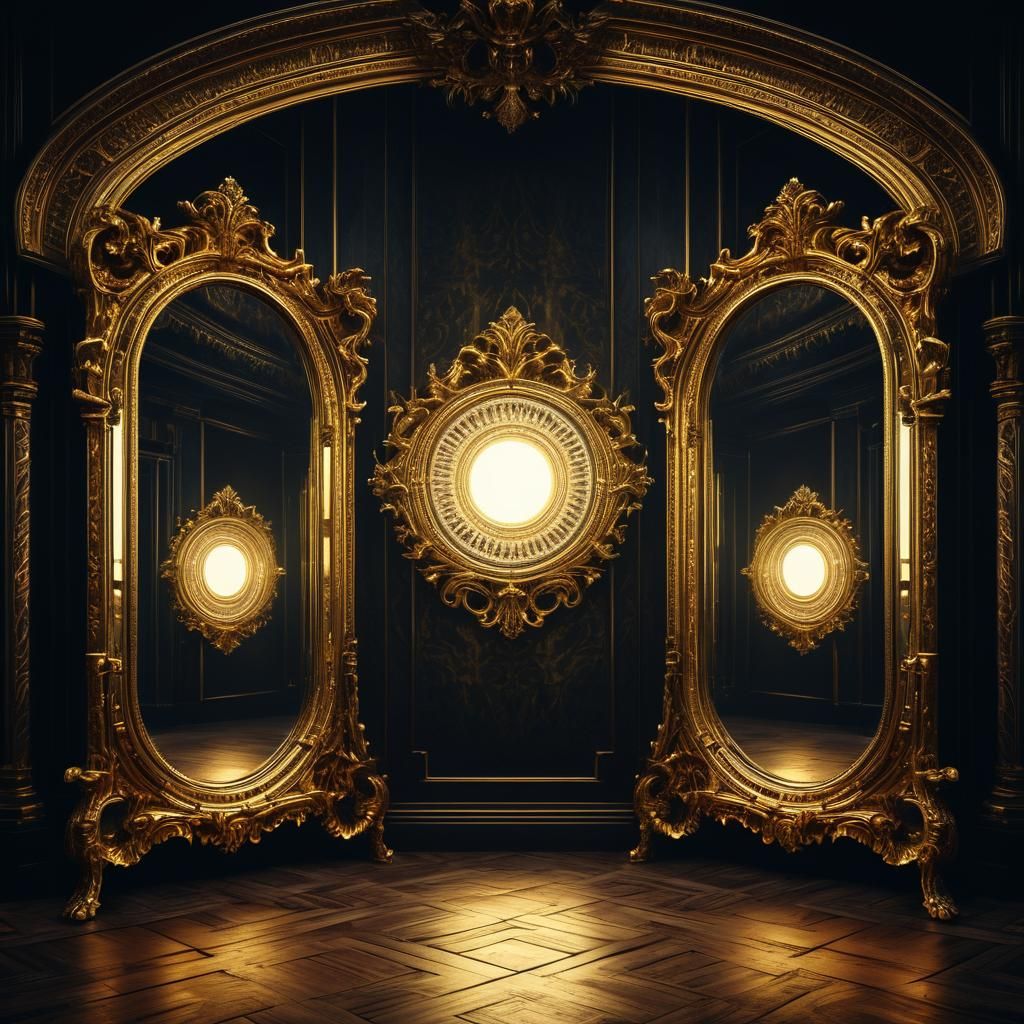 Gilded Mirrors Reflecting Laser Beams in Hyperrealistic Phot...