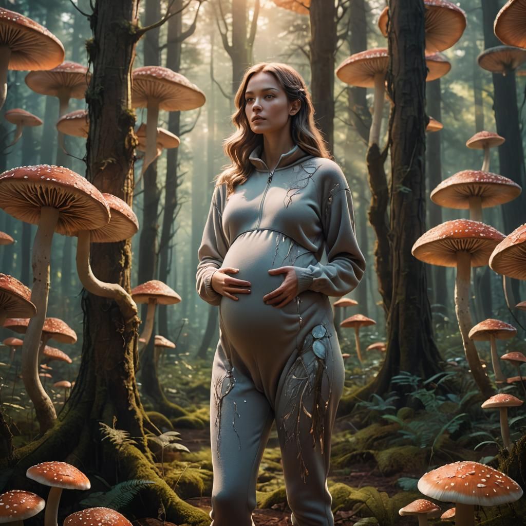Pregnant Woman in Forest Clearing: Fantasy Realism