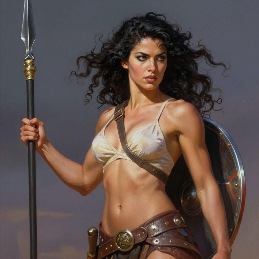 Warrior Woman with Spear and Shield in Vivid Colors