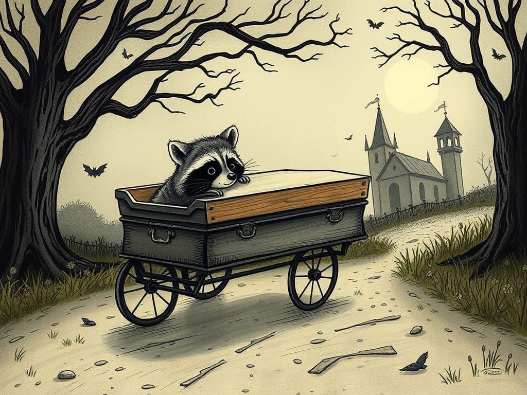Raccoon Drives Hearse in Gothic Fairyland