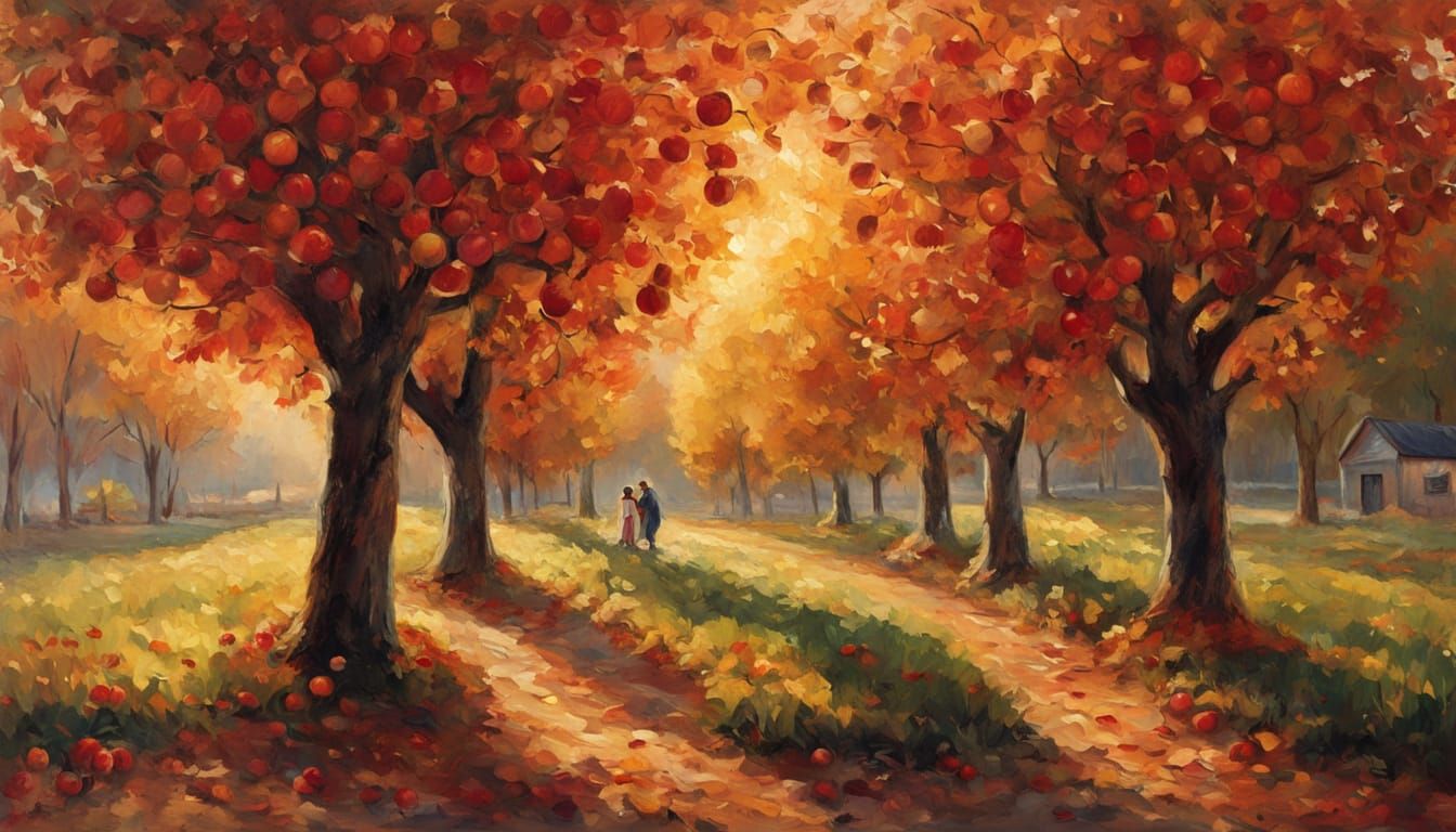 Vibrant Impressionist Orchard Scene at Golden Hour