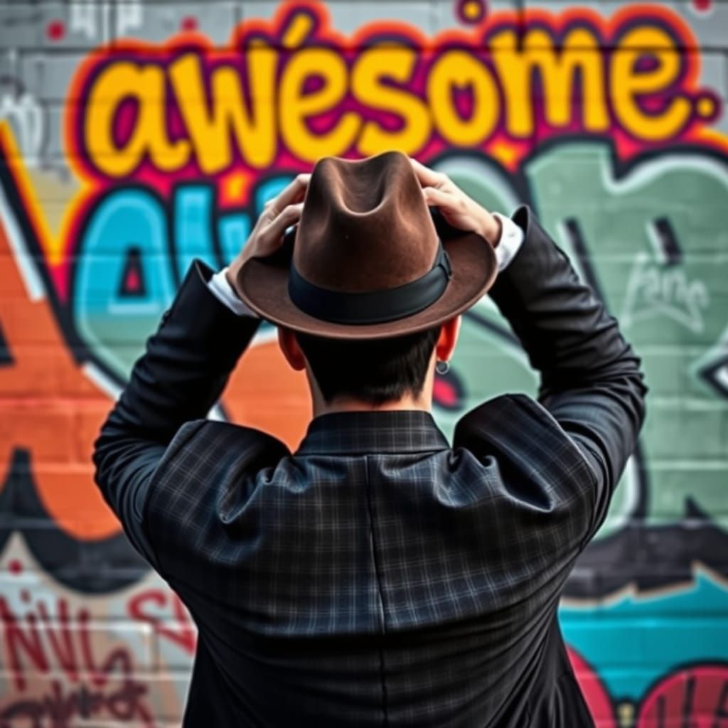 Suited Man in Urban Setting with Graffiti Art