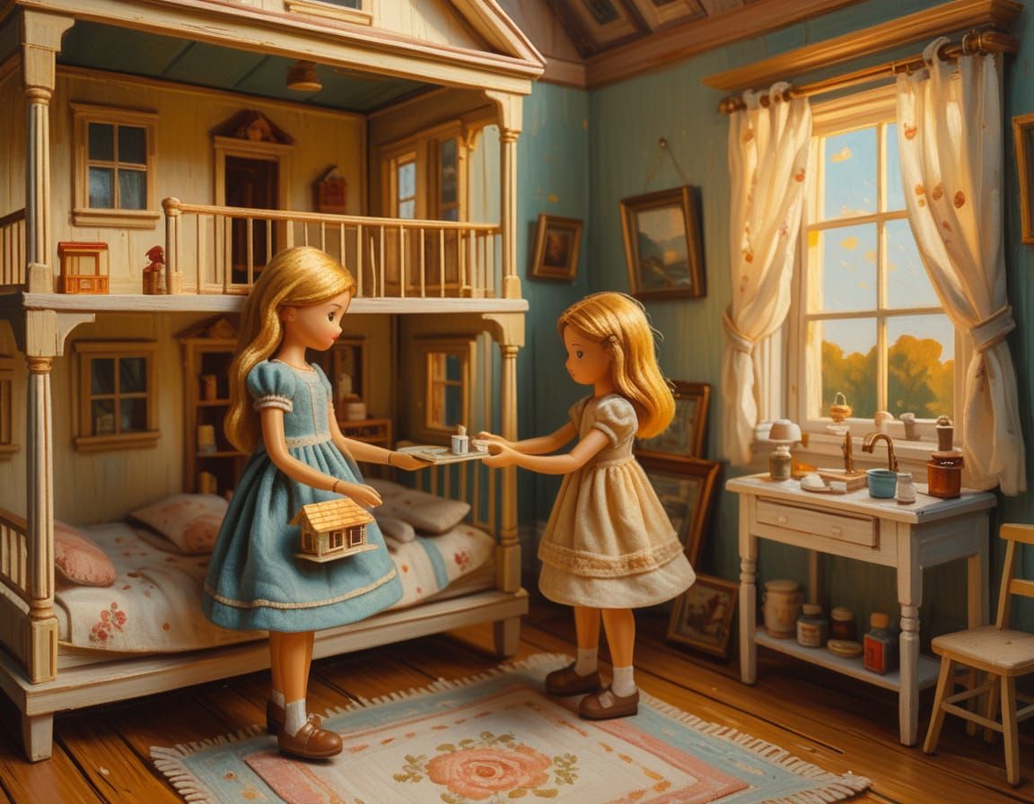 Girls Play with Dollhouse: Impressionist Oil Painting