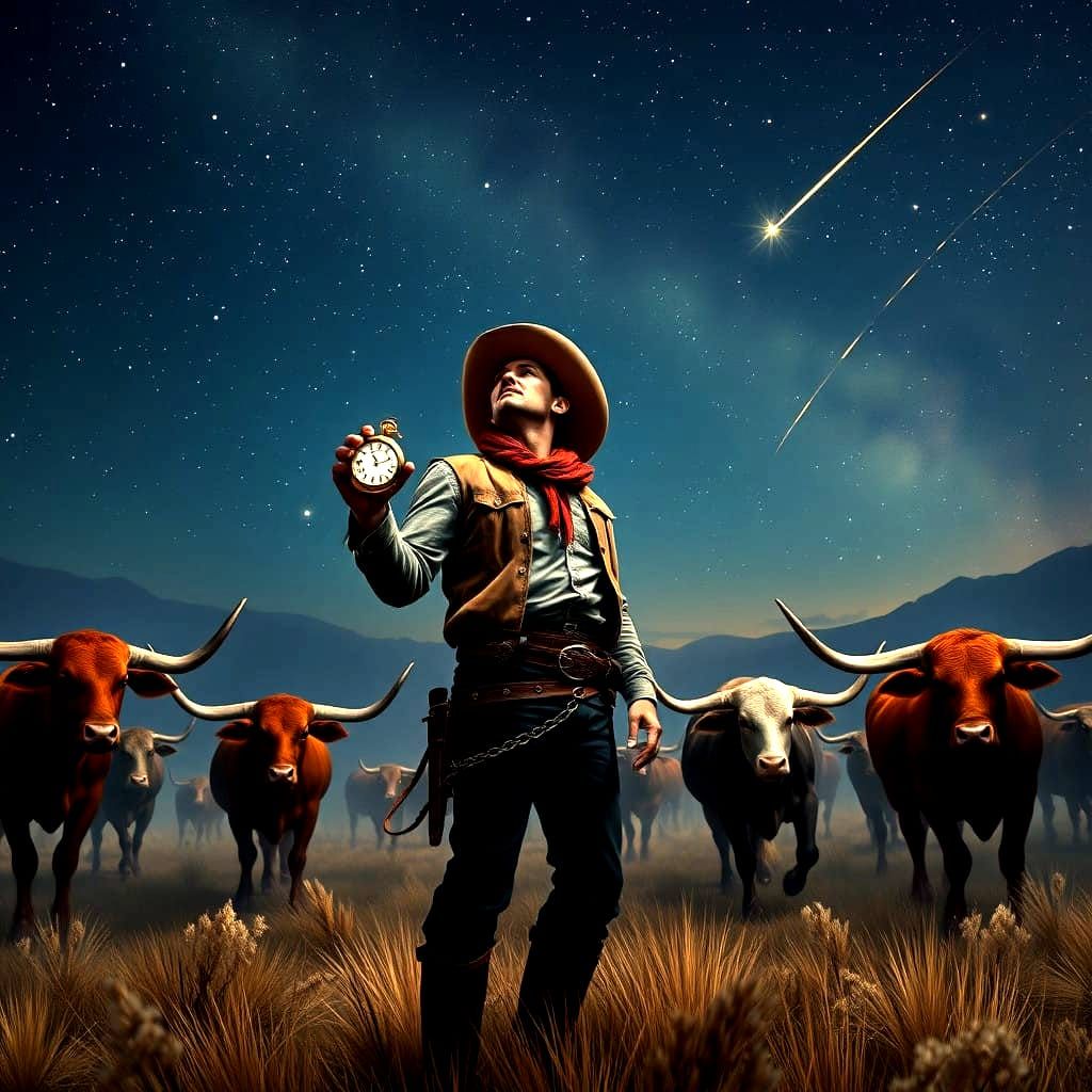Midnight Reflections of a Lone Cowboy Under Starry Skies