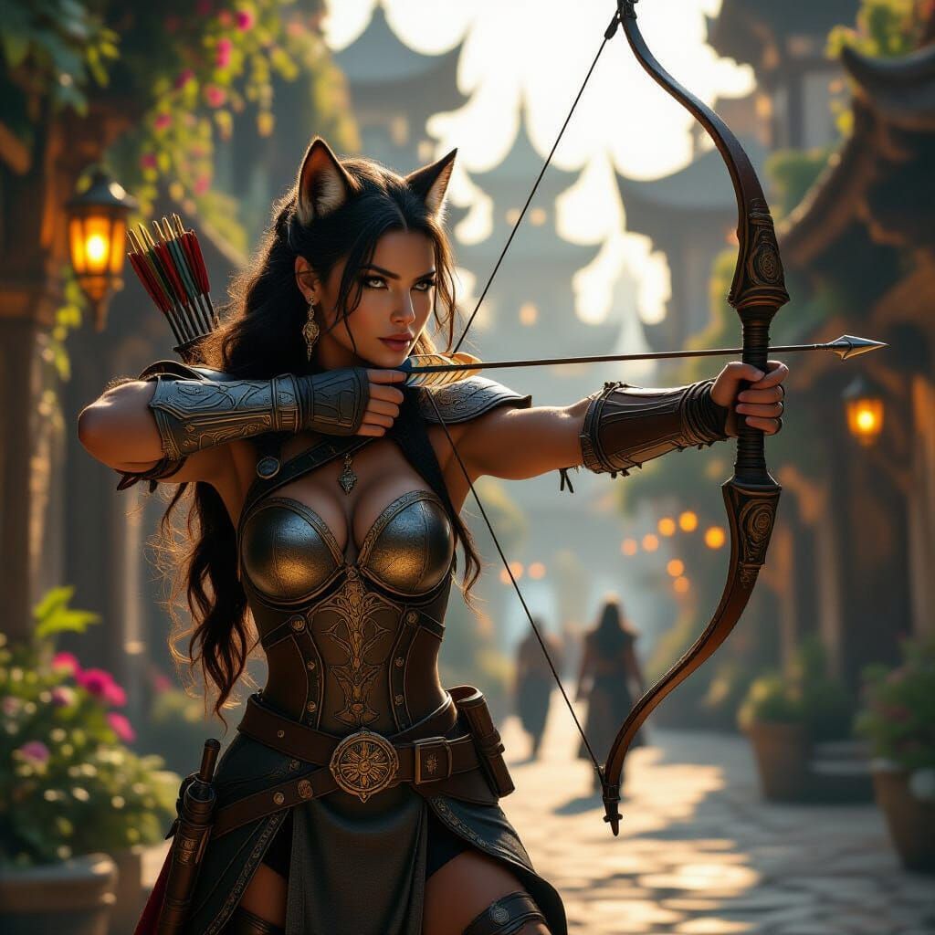 Tabaxi Woman Warrior with Crossbow in Enchanted City