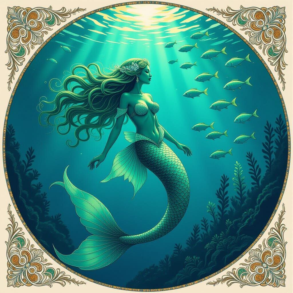 Mystical Mermaid in Deep Ocean Abyss with Bioluminescent Fis...