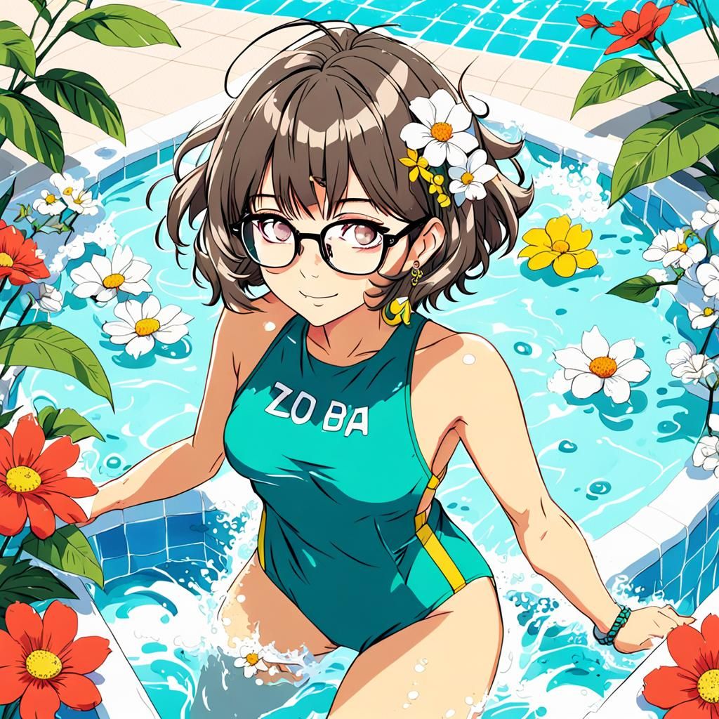 80s Anime Woman with Bob Haircut and Flowers