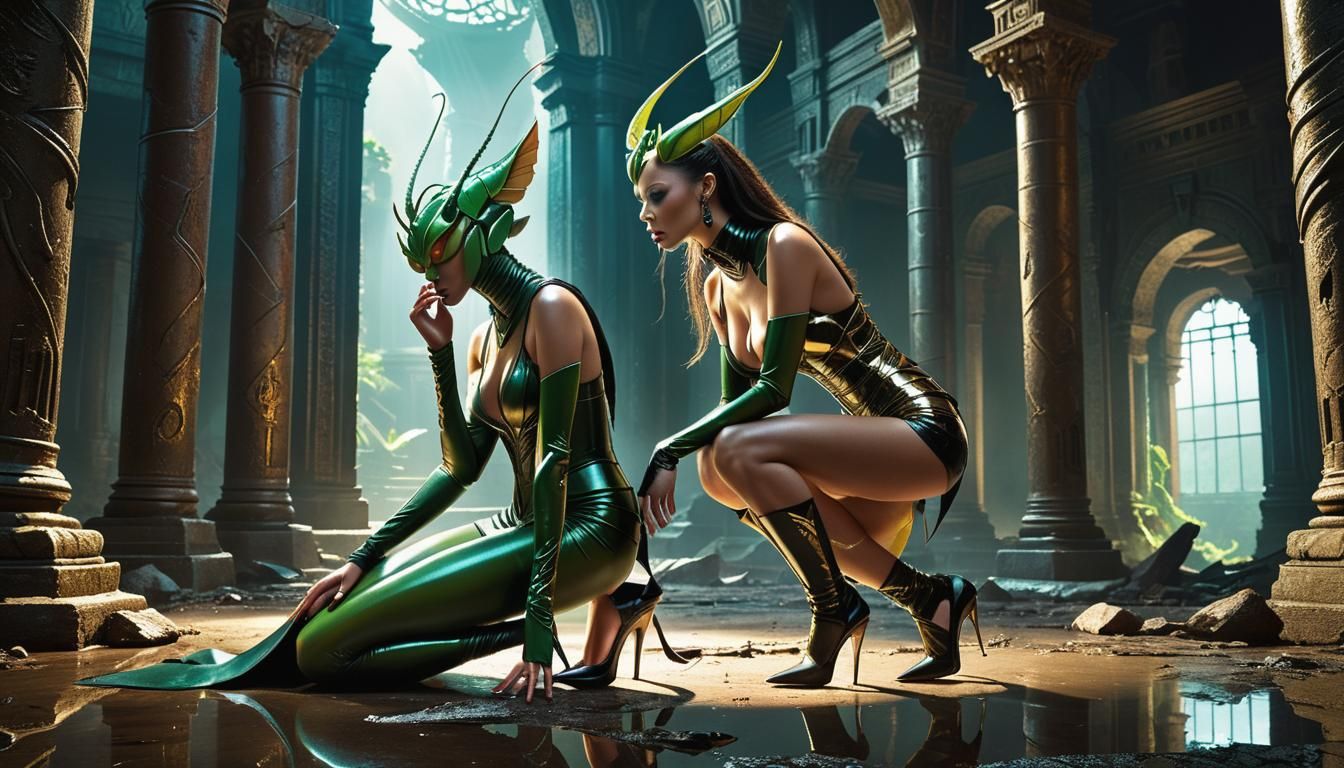 Praying Mantis Woman in Dark Fantasy Style