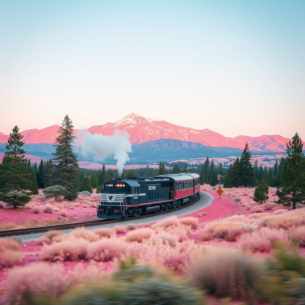 Train Journey Through a Pink Dreamscape