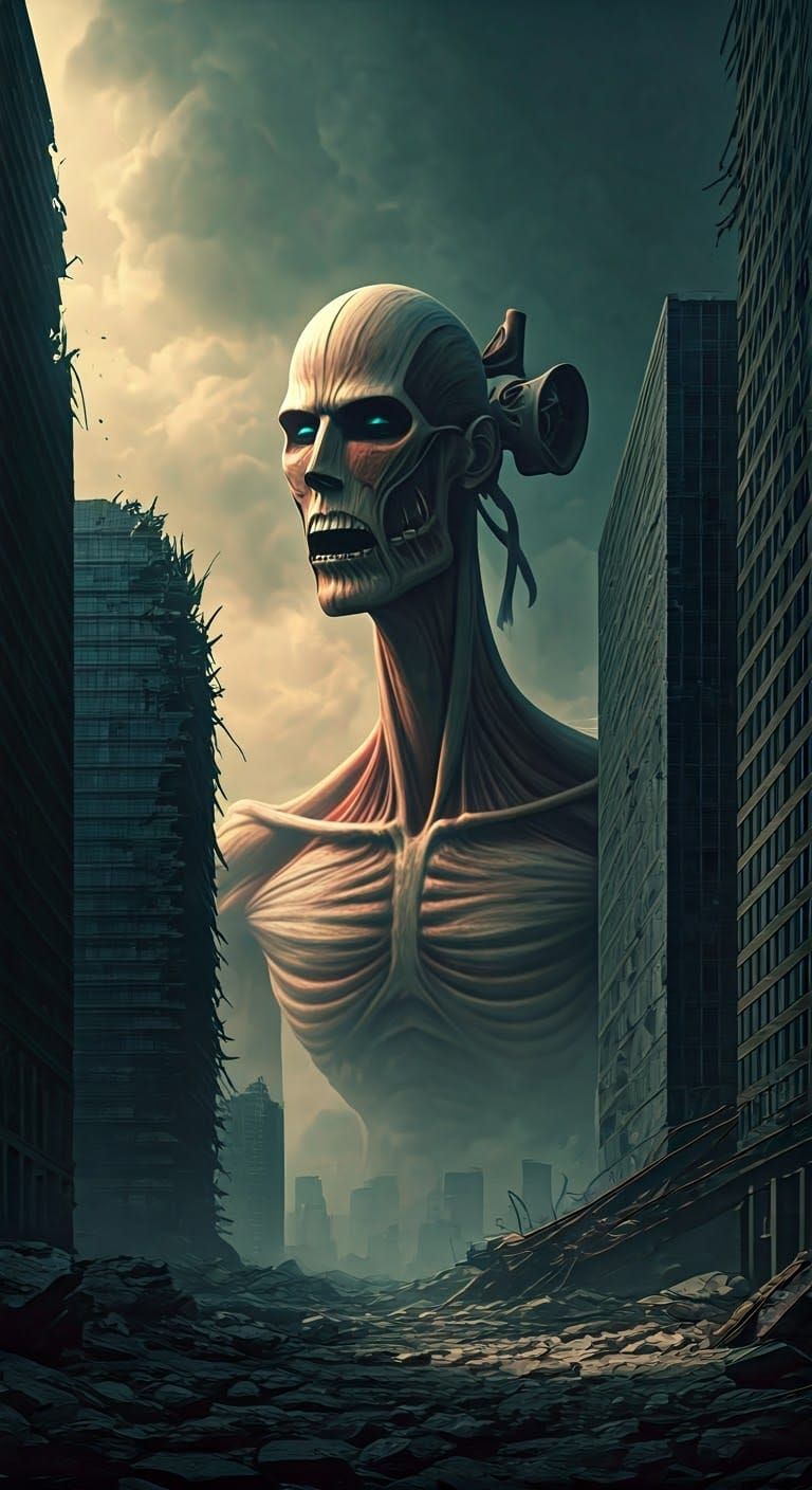 Titan Siren Head in Ruined Cityscape