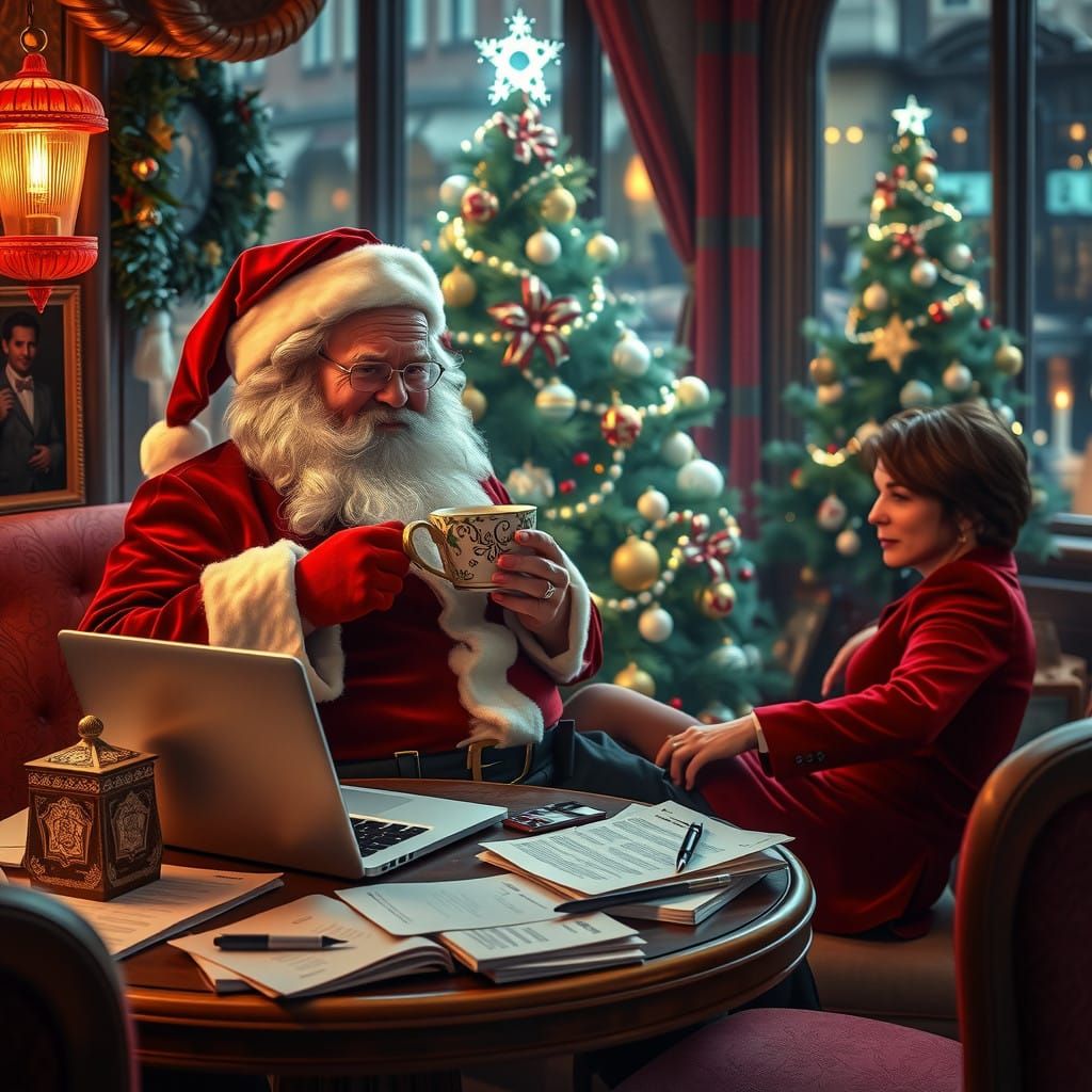 Jovial Santa Claus in Cozy Nightcafe Scene, Collaborating wi...