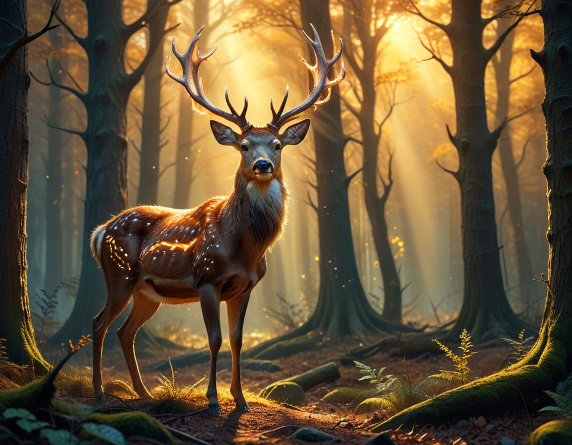 Mystic Deer with Glowing Antlers in Forest