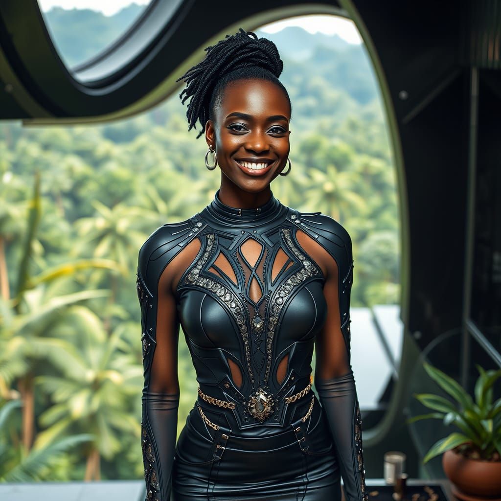 Futuristic Woman Overlooking Amazon in Sleek Style