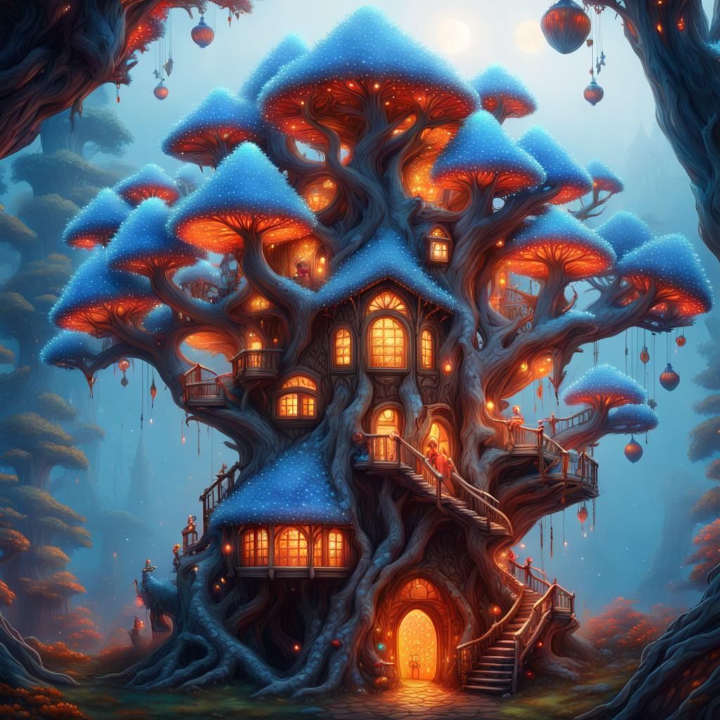 Enormous Fairy Tree House with Fluorescent Crystals