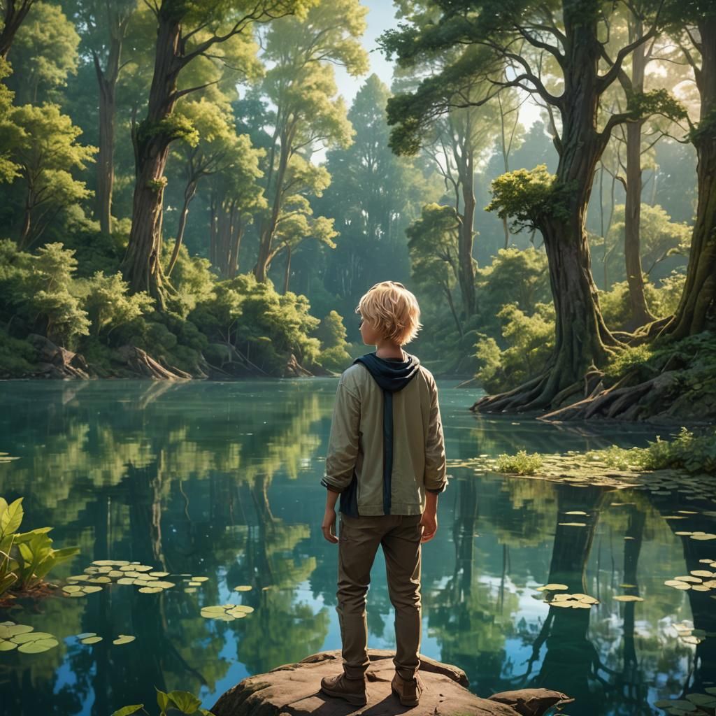 Boy by Lake: Fantastical Landscape Concept Art