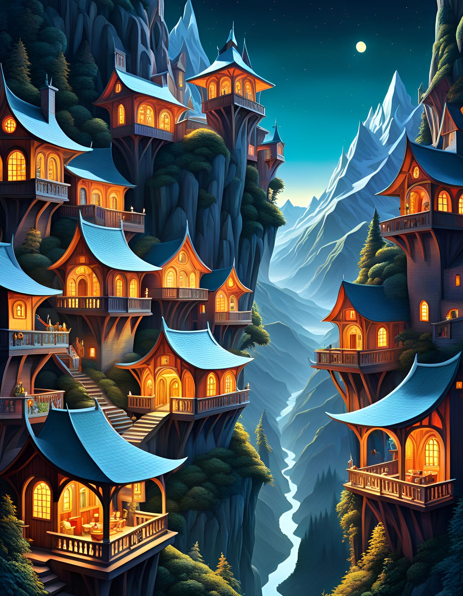Mystical Village Illusion in Neo-Psychedelic Style