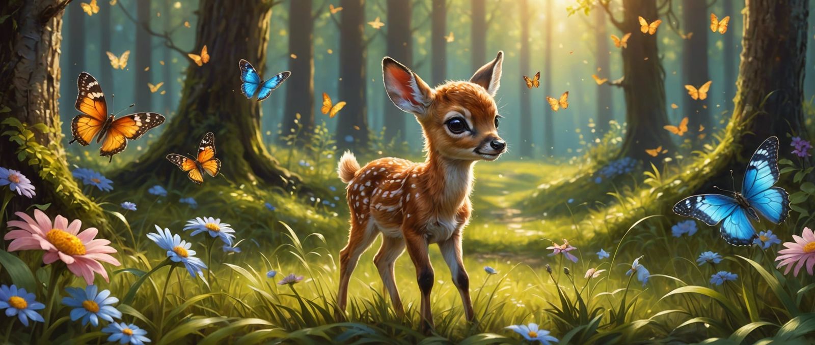 Fawn's Delight: A Fantasy Forest Oil Painting
