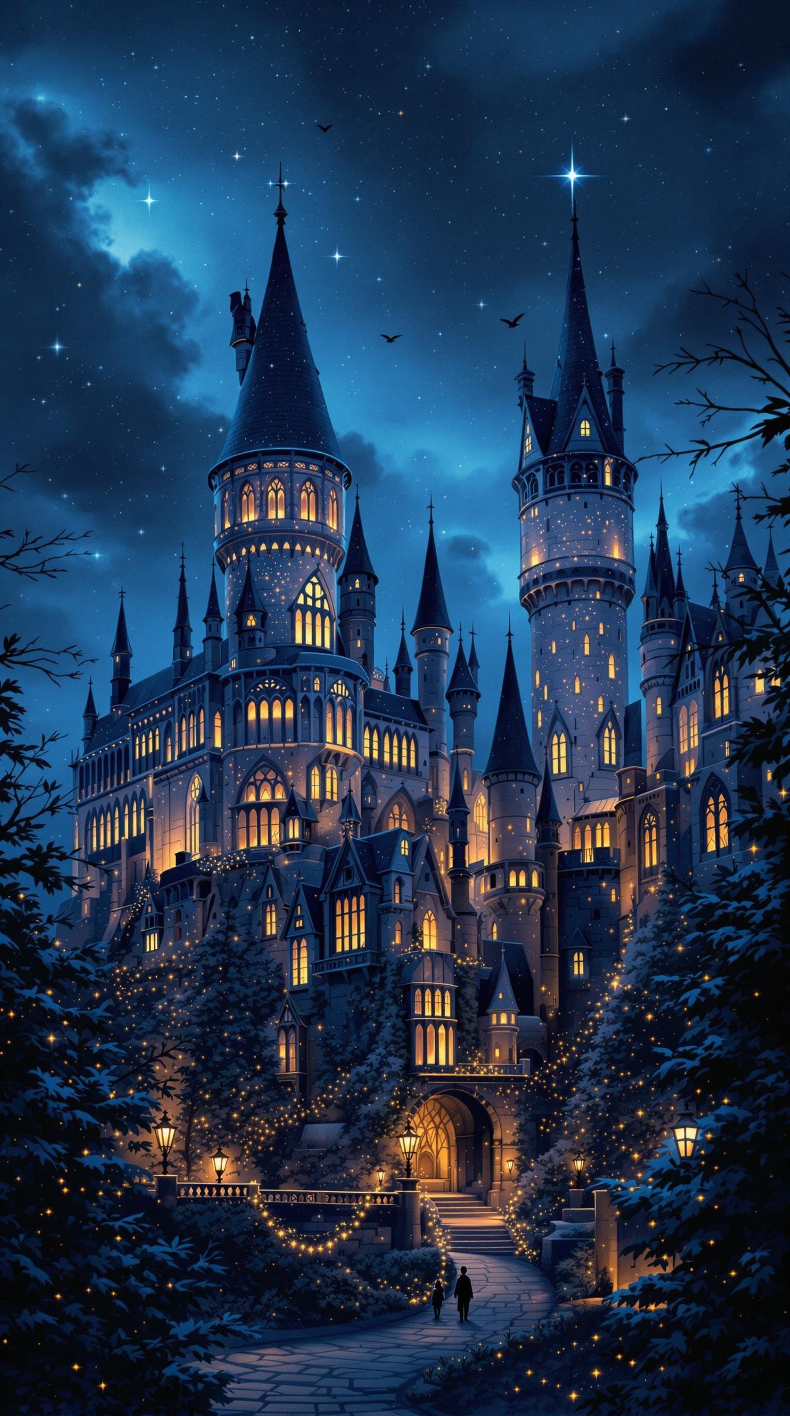 Whimsical Hogwarts Castle at Twilight with Sparkling Lights