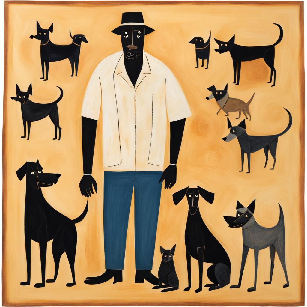 African American Man and Dogs in Folk Art Style