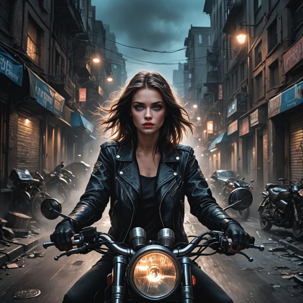 Woman Rides Motorcycle Through Dark City