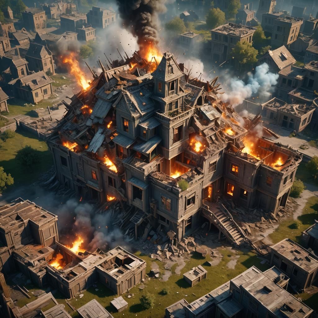 Fantastical House Explosion in Detailed Matte Painting