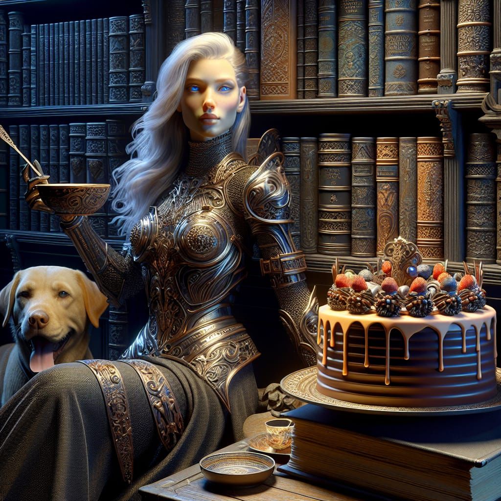 Blonde Woman in Armor with Cake: Digital Art