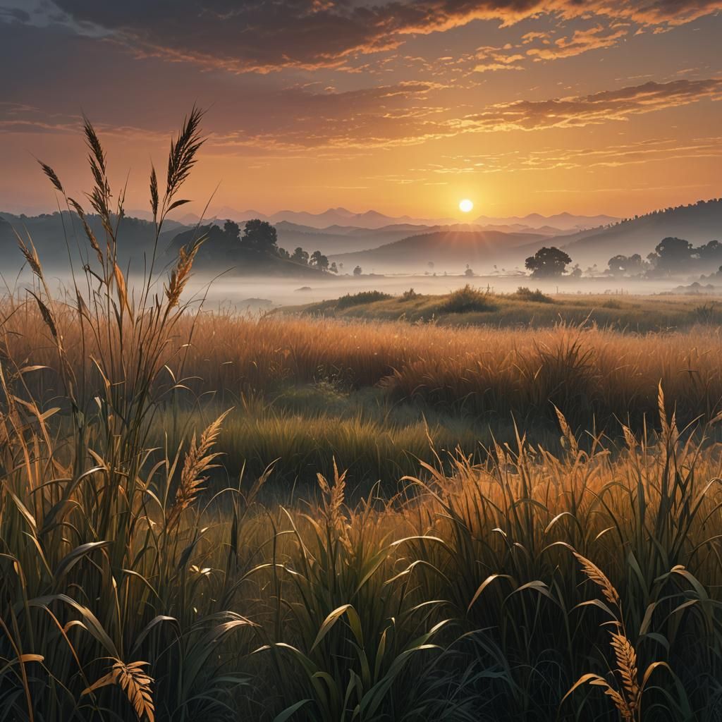Sunrise over Misty Field, Digital Matte Painting