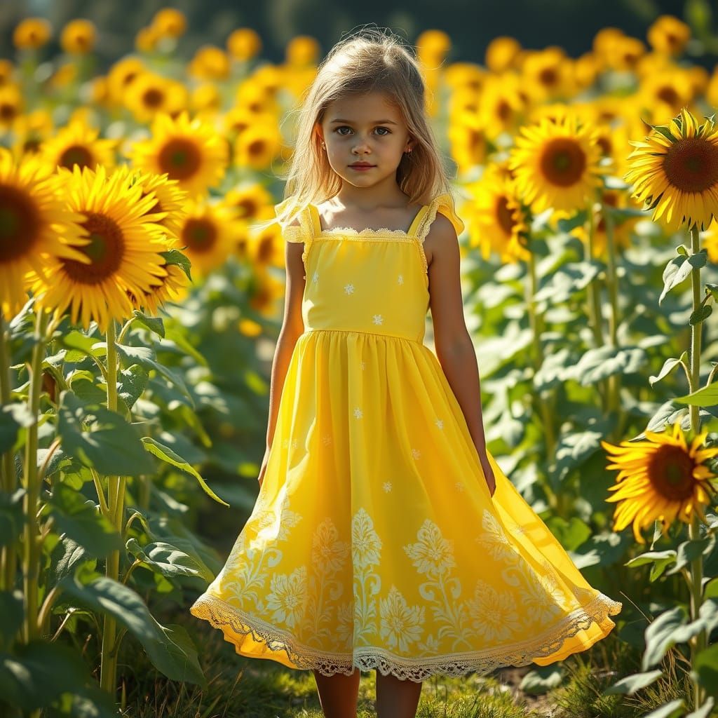Girl in Yellow Dress in Sunflower Field, Photorealistic Styl...