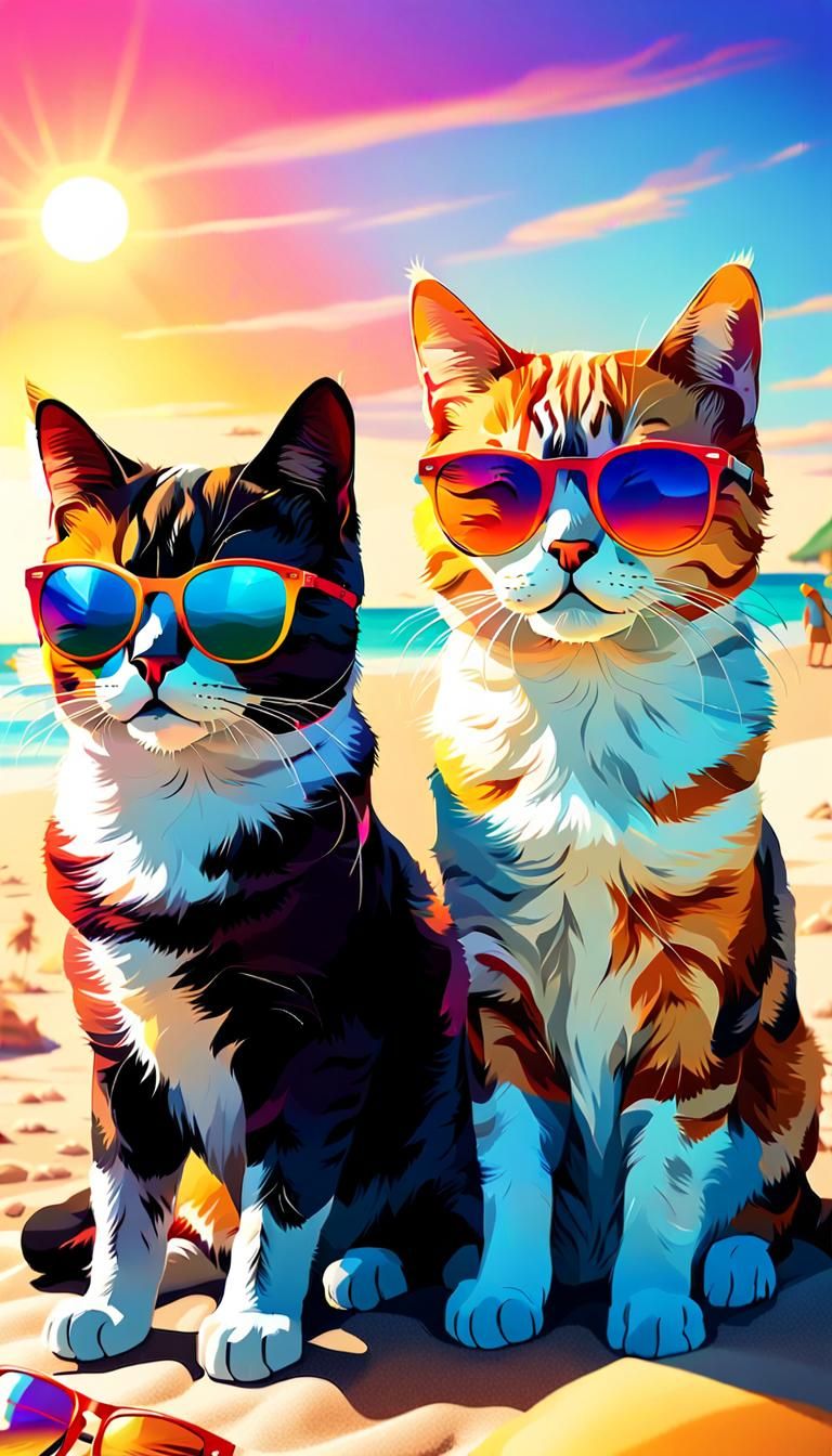 Cats Enjoying Sunset on Beach: 3D Digital Art