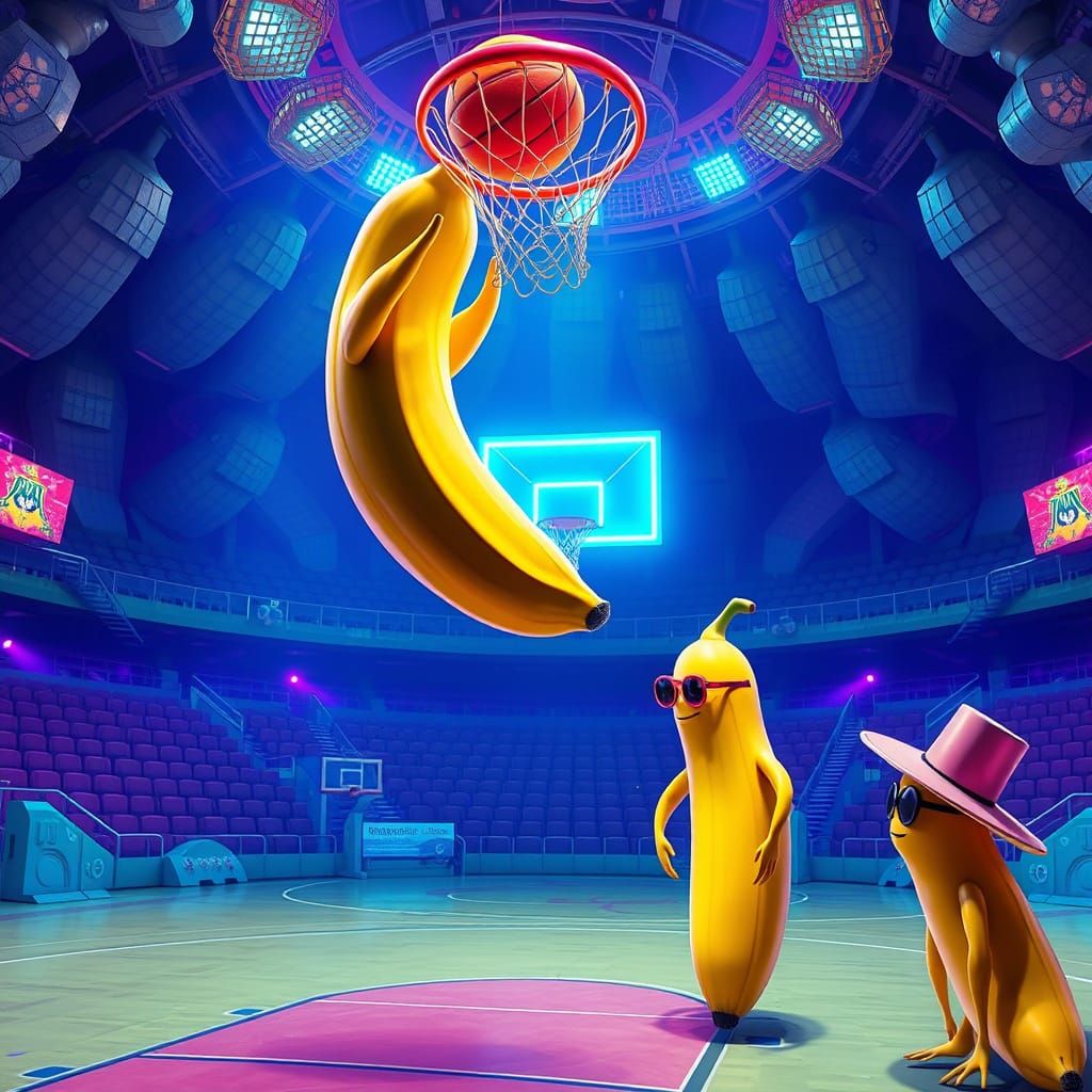 Vibrant Bananas in Whimsical Basketball Arena