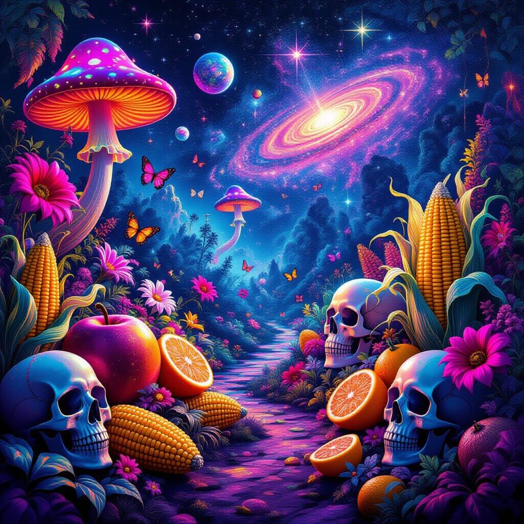 Psychedelic Cosmic Garden with Neon Flora and Floating Skull...